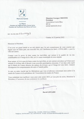 Remerciements de Monsieur David Lisnard, Maire de Cannes